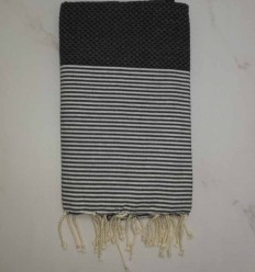 FOUTA NID D'ABEILLE Gris anthracite rayée blanc 