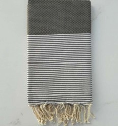 FOUTA NID D'ABEILLE vert gris rayée blanc 