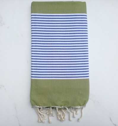 Fouta plate vert olive rayée bleu et blanc