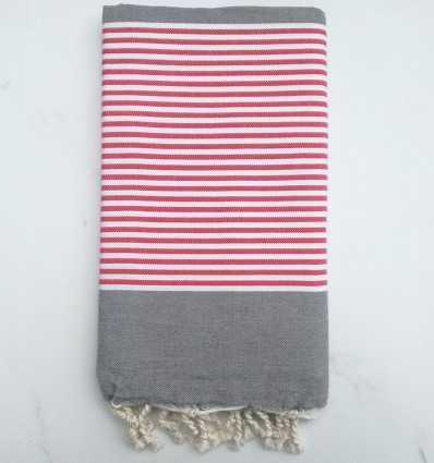 Fouta plate gris rayée rouge et blanc