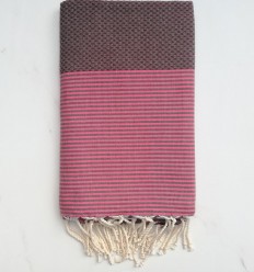 Fouta nid d'abeille marron rayée rose 