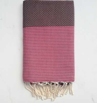 Fouta nid d'abeille marron rayée rose