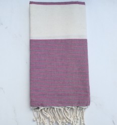 Fouta plate blanc crème et gris rayée rose 