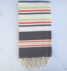Fouta plate blanc crème, gris foncé, vert clair et rouge 