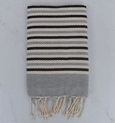 Fouta nid d'abeille blanc crème, anthracite et gris rayée 1 cm 