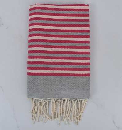 Fouta nid d'abeille rayée 1 cm gris, rose très clair et rose