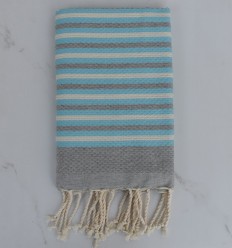 Fouta nid d'abeille rayée 1 cm gris, bleu azur et blanc crème 