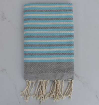 Fouta nid d'abeille rayée 1 cm gris, bleu azur et blanc crème