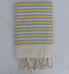 Telo mare nid d'abeille rayée 1 cm rayures jaune et bleu charrette 