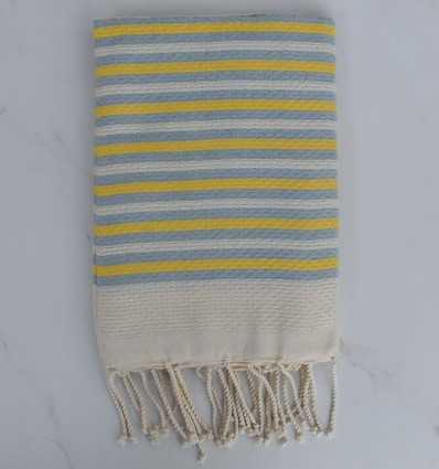 Fouta nid d'abeille rayée 1 cm rayures jaune et bleu charrette