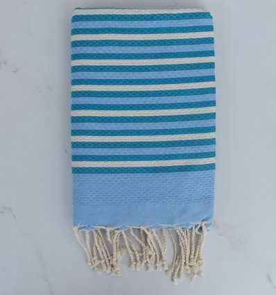 Fouta nid d'abeille bleu, blanc crème et bleu canard rayée 1 cm