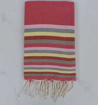 Fouta plate 6 couleurs rose, rose clair, gris, jaune, rouge et vert pale