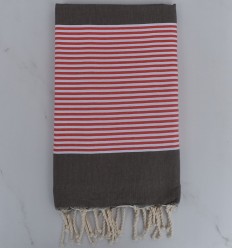 Fouta plate taupe foncé rayée rouge anglais et blanc 