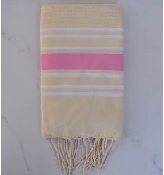 Fouta nid d'abeille jaune beurre rayée blanc et rose clair 