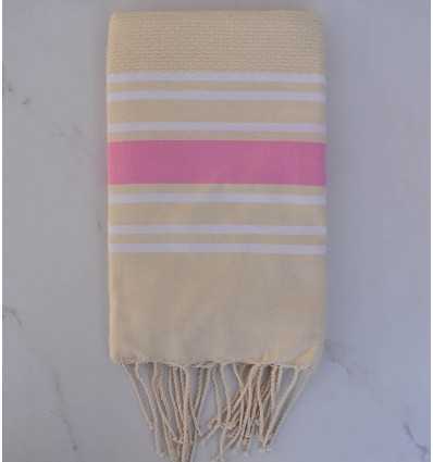 Fouta nid d'abeille jaune beurre rayée blanc et rose clair