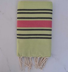 Fouta nid d'abeille vert pistache rayée rose et noir 