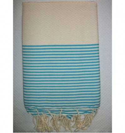 Fouta blanc cassé rayée bleu turquoise