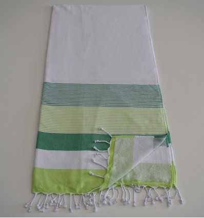 Fouta éponge blanc, vert et vert anis