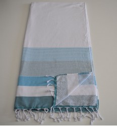Fouta éponge blanc, bleu azur clair et canard 