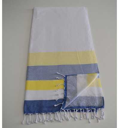 Fouta éponge blanc, jaune et bleu