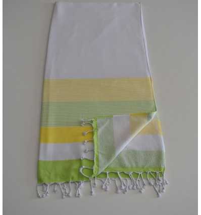 Fouta éponge blanc, jaune chartreuse et vert clair