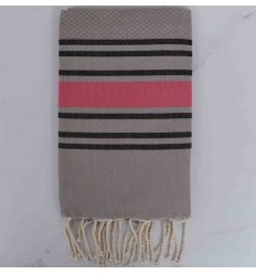 Fouta nid nid d'abeille taupe rayée noir et rose 