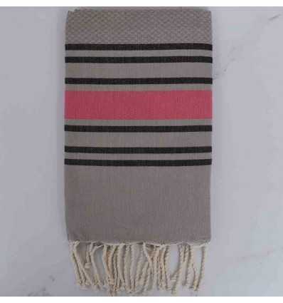 Fouta nid nid d'abeille taupe rayée noir et rose