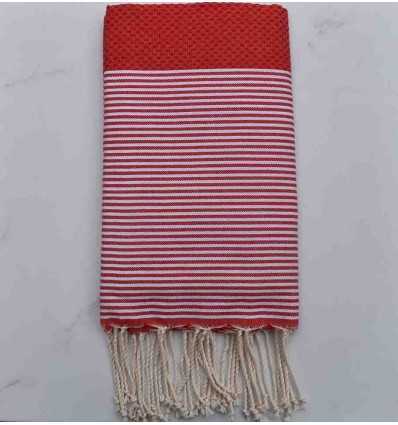FOUTA NID D'ABEILLE rouge groseille rayée blanc 