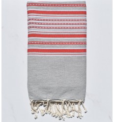 Fouta arabesque gris clair avec rayures rouge 