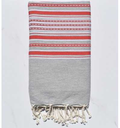 Fouta arabesque gris clair avec rayures rouge