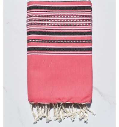 Fouta arabesque rose fraise avec rayures anthracite