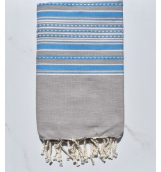 Fouta arabesque taupe clair avec rayures bleu 