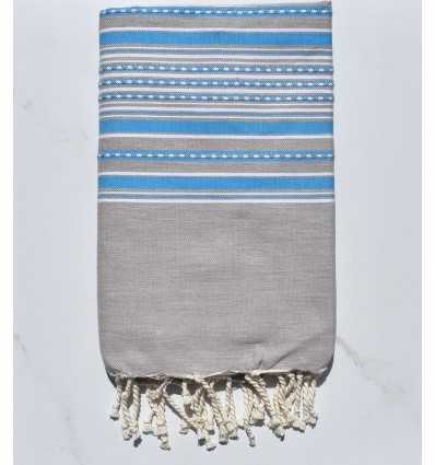 Fouta arabesque taupe clair avec rayures bleu