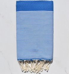 FOUTA NID D'ABEILLE Bleu électrique rayée blanc Fouta Tunisia - 1 2