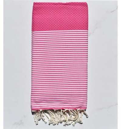 FOUTA NID D'ABEILLE fushia rayée blanc 