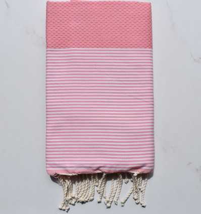 Fouta nid d'abeille rose pastel rayée blanc