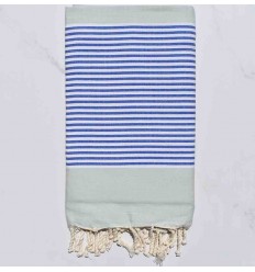 Fouta plate vert pale rayée bleu et blanc 