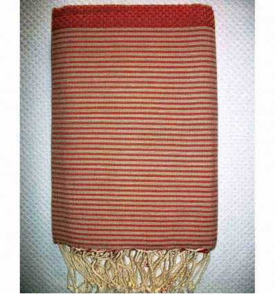 Fouta rouge orangé rayée beige