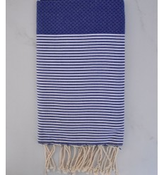 FOUTA NID D'ABEILLE Bleu outremer rayée blanc Fouta Tunisia - 1 2