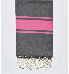 Fouta plate gris foncé avec bandes rose 