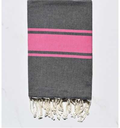 Fouta plate gris foncé avec bandes rose