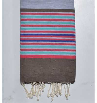 Fouta gris clair, bistre, rose, vert et bleu