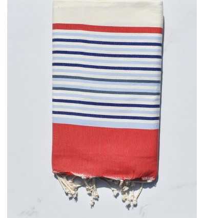 Fouta 5 couleurs blanc cassé, rouge, bleu fumée, bleu et vert de gris