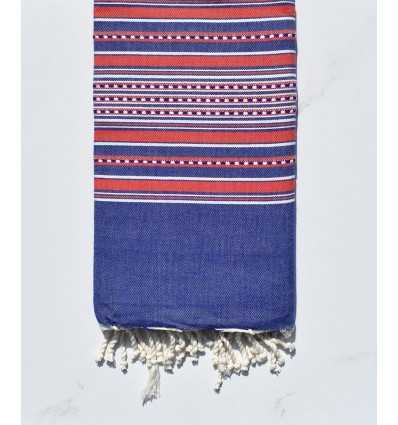 Fouta arabesque bleu jean et rouge