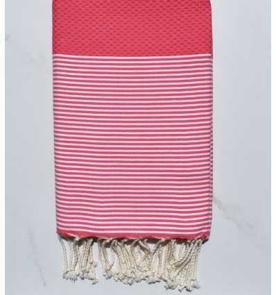 FOUTA NID D'ABEILLE Rose fraise rayée blanc 