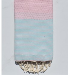 Fouta nid d'abeille rose clair rayée turquoise 