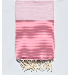Fouta nid d'abeille rose clair avec rayures foncé 