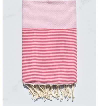 Fouta nid d'abeille rose clair avec rayures foncé