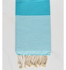 FOUTA NID D'ABEILLE bleu turquoise rayée blanc 