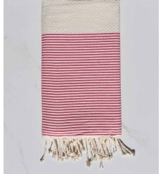 Fouta nid d'abeille beige clair rayée rose 